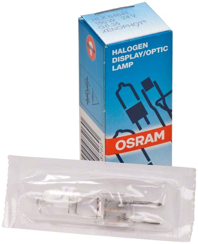 Lampen für OP-Leuchten St. Osram 24V 150W neben Verpackung.