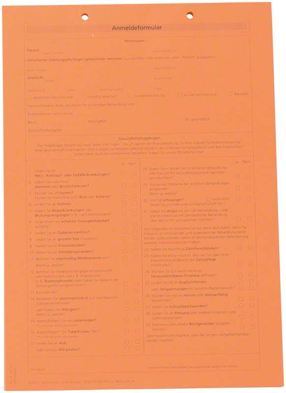 Anmeldeformular mit Anamnese, A4-Format, orangefarbiges Papier.