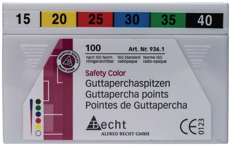 Guttaperchaspitzen Safety Color Gr. 015-040 in Verpackung mit Farbcodierung.
