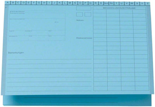 Karteimappe A5/D70 in Blau mit Heftzunge und Adressfeld.