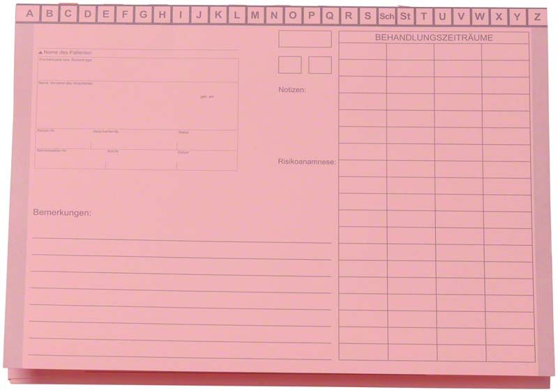 Karteimappe A5/D70 in Rosa mit Heftzunge und Formularfeldern.