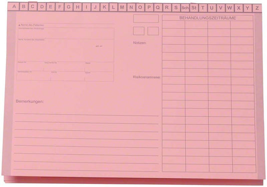 Karteimappe A5/D70 in Rosa mit Heftzunge und Formularfeldern.