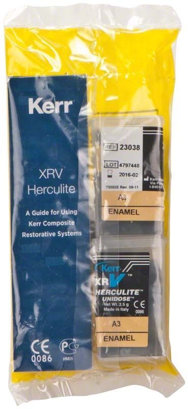 Herculite XRV Enamel Unidose A3 Verpackung mit Gebrauchsanleitung und Produktdetails.