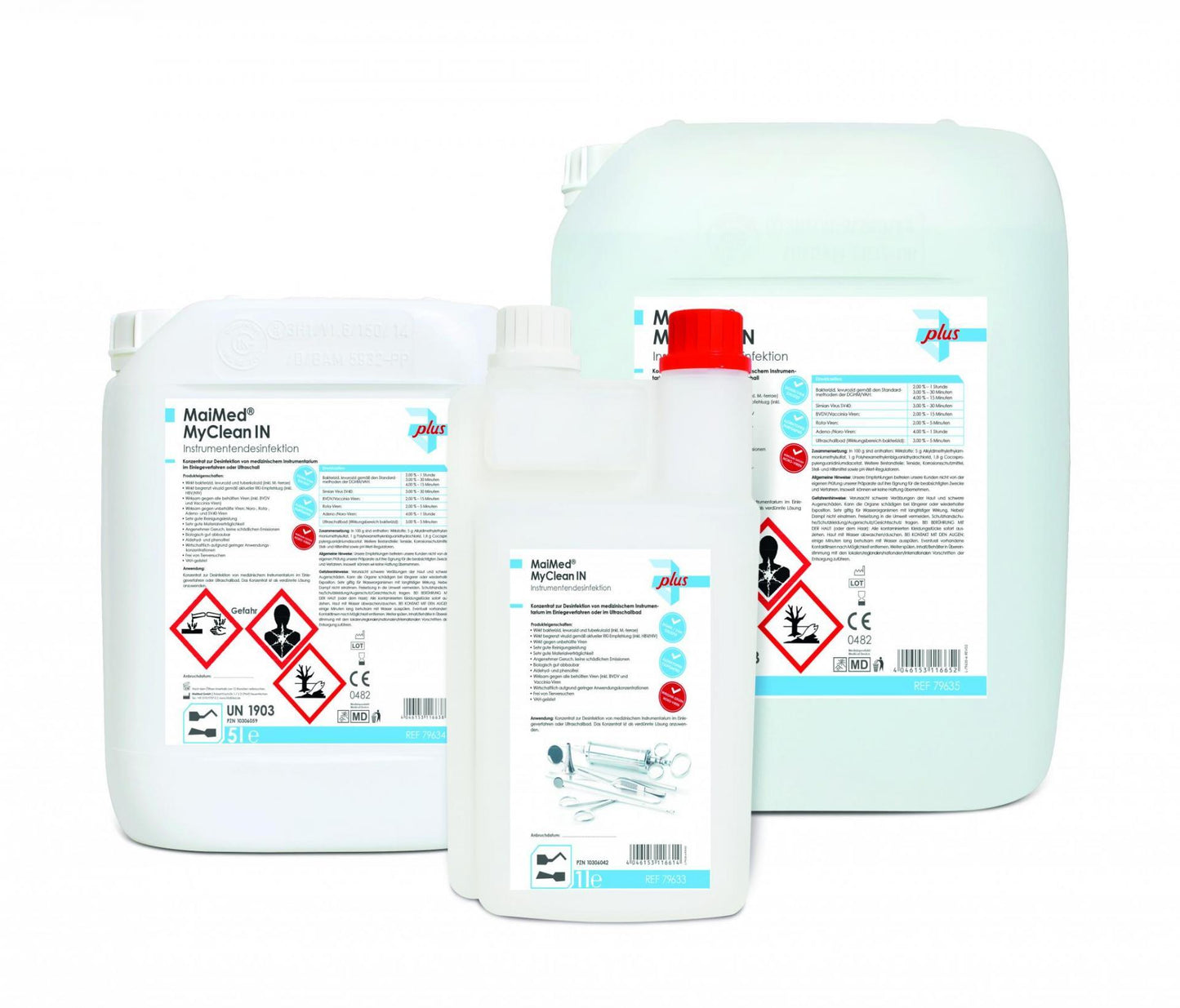 Drei Kanister MyClean IN Instrumentendesinfektionsmittel mit Etiketten und Gefahrensymbolen.