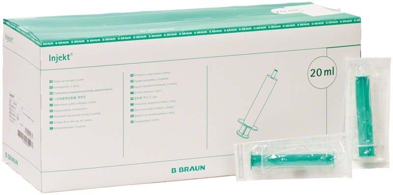 Verpackung der Injekt Solo 20ml Spritzen von B. Braun mit Einzelverpackungen.