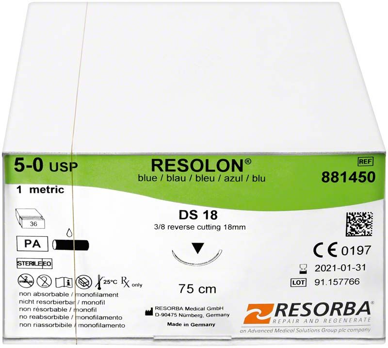 RESORBA® RESOLON® Nahtmaterial DS18 5/0 blau, 36er Packung.