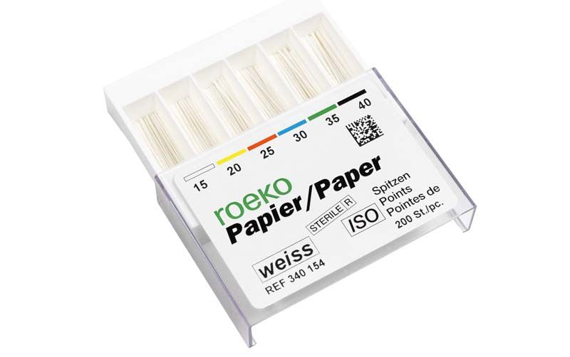 ROEKO Papierspitzen weiß Vorratspackung Gr. 015 in geöffneter Box.