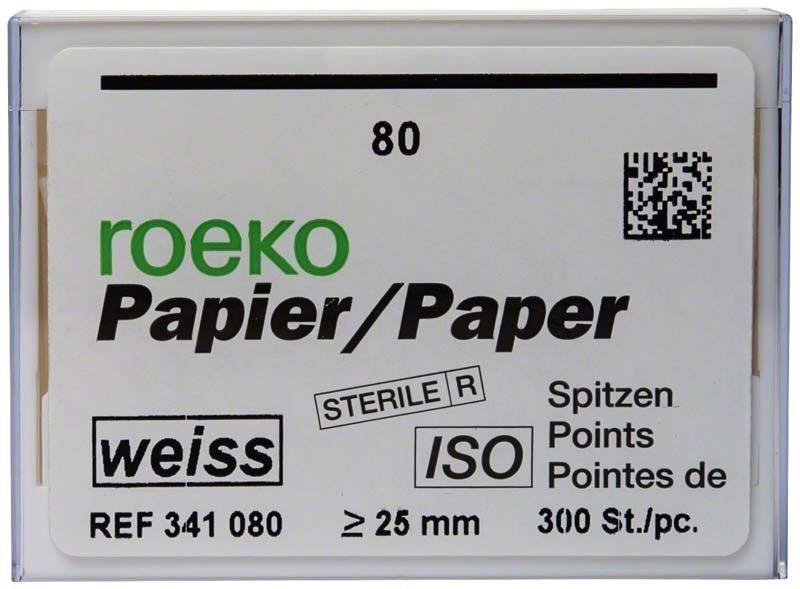 Roeko Papierspitzen Vorratspackung Gr. 080 mit Sterile- und ISO-Angaben.