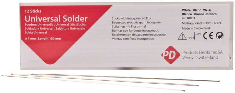 Zwölf Stangen Universal Solder silberfarbig in Verpackung mit Produktinformationen.