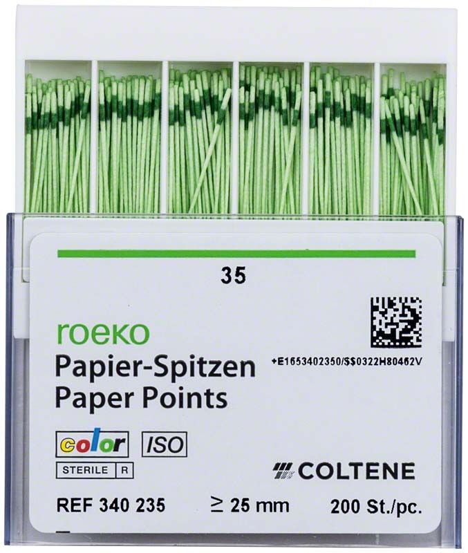 ROEKO Papierspitzen Gr. 035, grün, in geöffneter Verpackung.