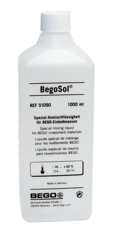 BegoSol® 1 Liter Anmischflüssigkeit für Dental-Einbettmassen in weißer Flasche.