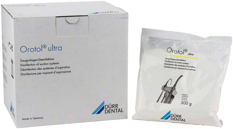 Orotol® ultra Verpackung und Beutel mit 500g Desinfektionspulver.