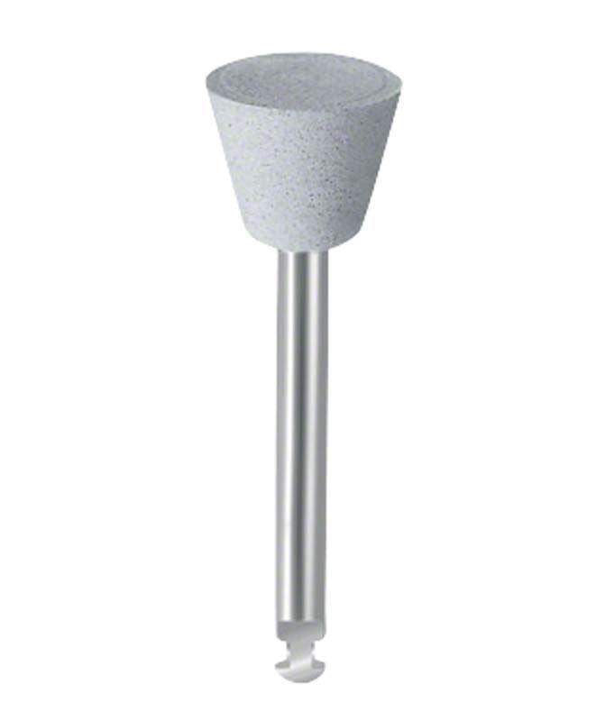 Weißer EVE UNIVERSAL Polierkörper RA 100er W6 auf Metallstift montiert.