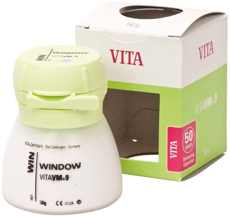 VITA VM9 Window Keramikpulver in weißem Behälter mit Verpackung.