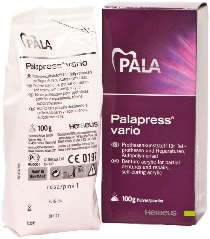 Palapress® vario Pulver 100g rosa Verpackung für dentaltechnische Arbeiten.