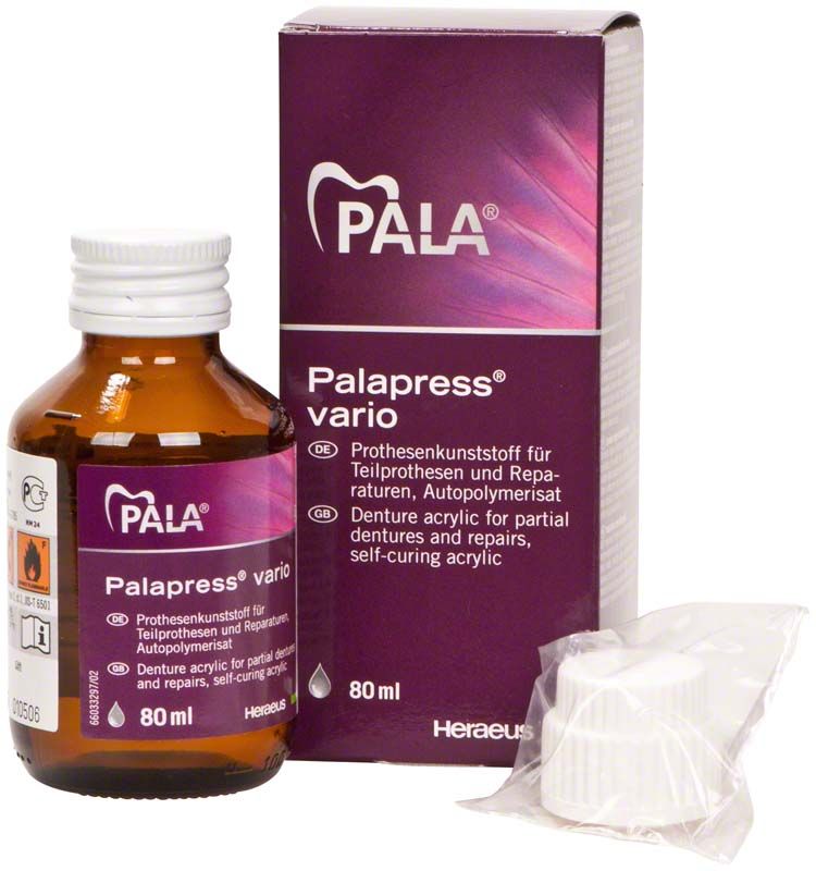 Braune Flasche Palapress® vario Flüssigkeit 80ml mit Verpackung und weißem Verschluss.