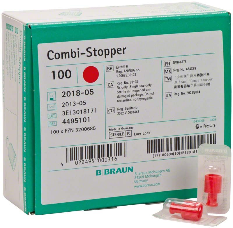 Grüne Verpackung mit Combi-Stopper-Verschlusskonen rot für medizinische Anwendungen.