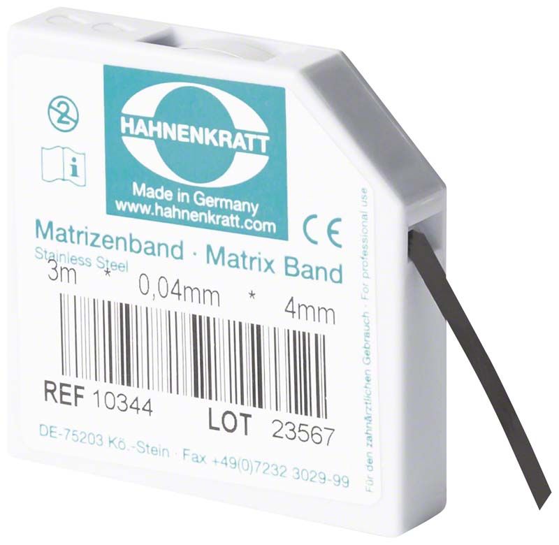 Matrizenband-Spender aus Edelstahl mit 3m Band, Stärke 0,04mm, Breite 4mm.