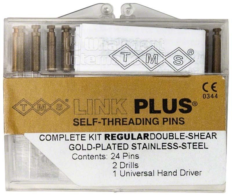 TMS Link Plus Edelstahl goldbeschichtetes Stiftsystem in Verpackung mit Zubehör.