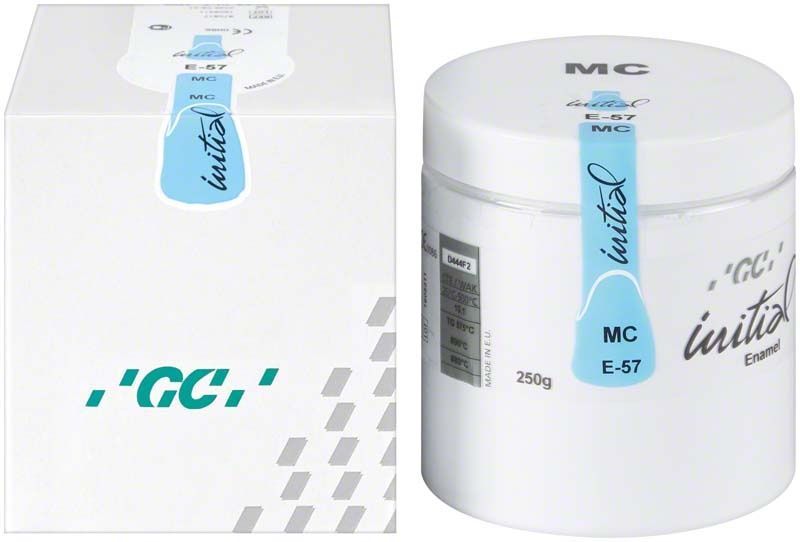 GC Initial MC Enamel 250g, E-57, mit Verpackung und Produktdose.