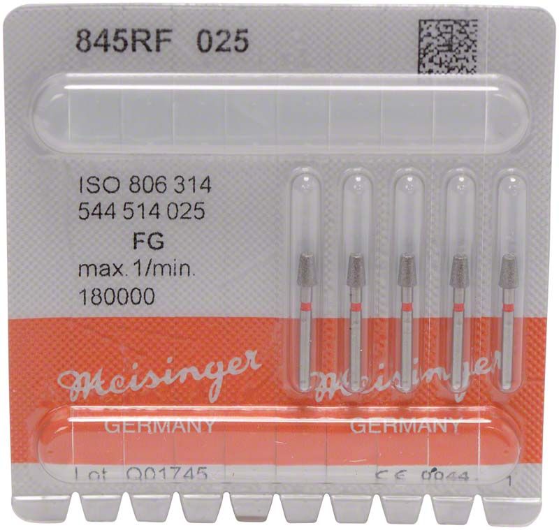Verpackung mit fünf Diamant-Schleifkörpern, Modell FG 845RF 025, von Meisinger.