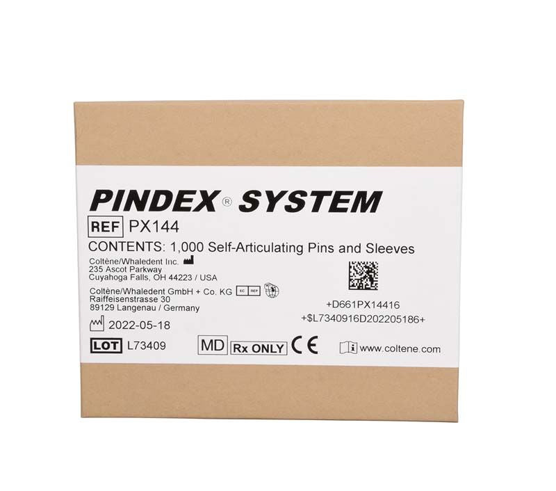 Pindex-Pins-Verpackung mit Produktinformationen und Coltene Whaledent-Logo.