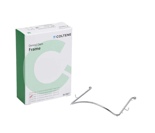 Metallrahmen für Kofferdam neben Verpackung mit grünen und weißen Elementen.