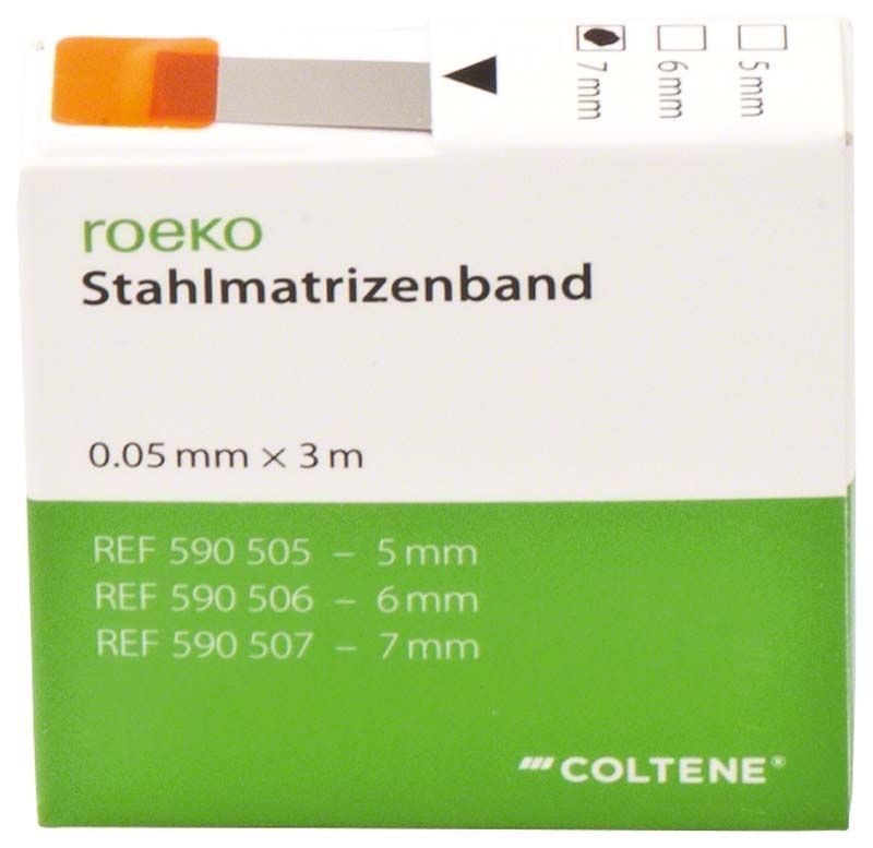 ROEKO Stahlmatrizenband 0,05 mm x 3 m im Spender, 7 mm Breite.