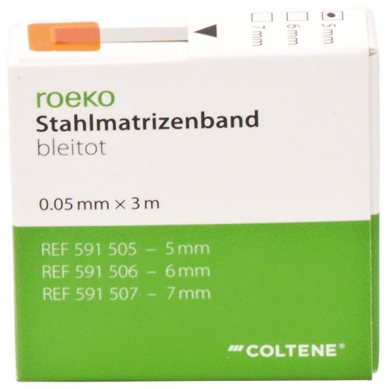 ROEKO Stahl Matrizenband Verpackung mit Produktdetails und Größenangaben.