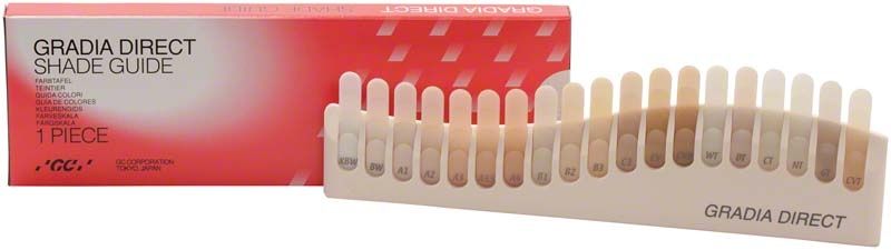 Gradia direct New Shade Guide mit verschiedenen Zahnfarbmustern.