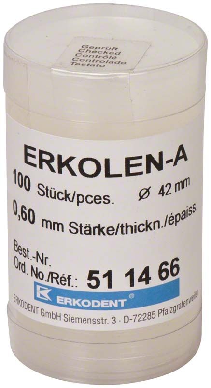 Erkolen-A Kunststoffscheiben 0,6 mm, 100 Stück im transparenten Behälter.