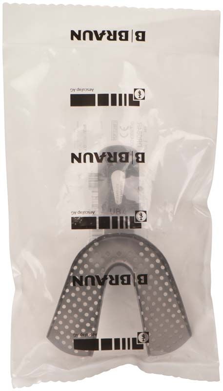 Abdrucklöffel für Unterkiefer mit perforierter Oberfläche in Kunststoffverpackung.