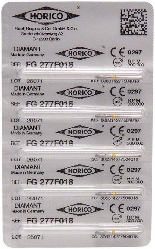 Verpackung mit Diamant FG 277F 018 Schleifköpfen, CE-gekennzeichnet.