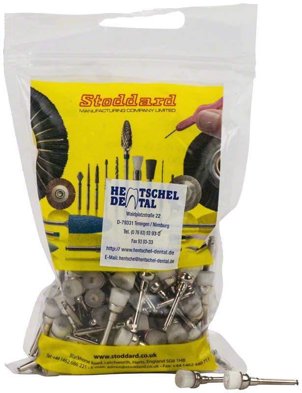 Verpackung mit weißen Nylon-Polierbürsten für Dentalhygiene.