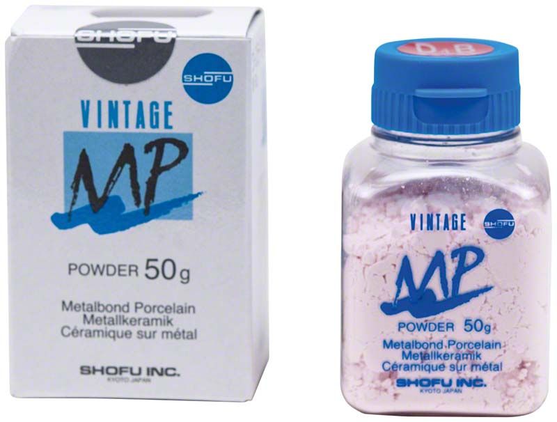 Vintage MP Dentin 50g D4B Metallkeramik-Pulver neben Verpackung.