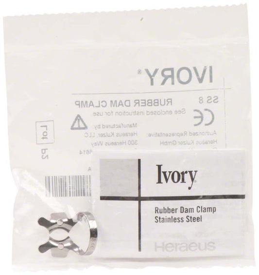 Ivory Kofferdamklammer Figur 8 aus Edelstahl in Verpackung.
