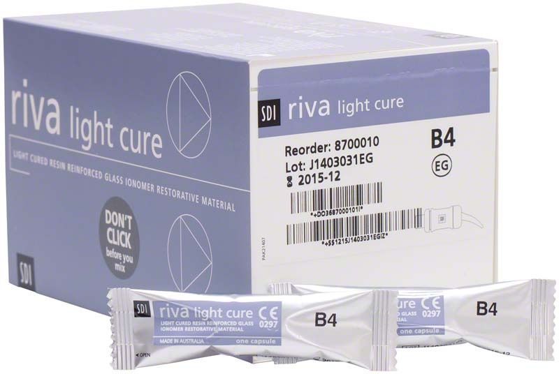 Riva Light Cure Kapseln Normalhärtend B4 in Verpackung mit Produktdetails.