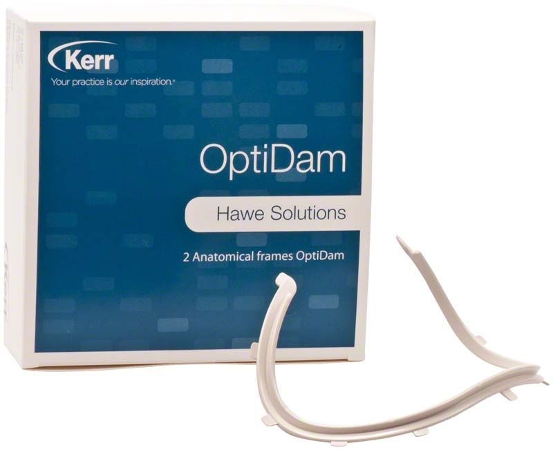 Optidam Kofferdamrahmen vor Verpackung in blau und weiß.