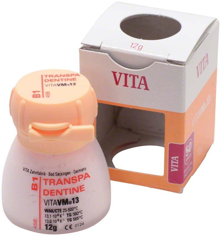 Transpa Dentin VM13 B1, 12g Dose neben geöffneter Verpackung.