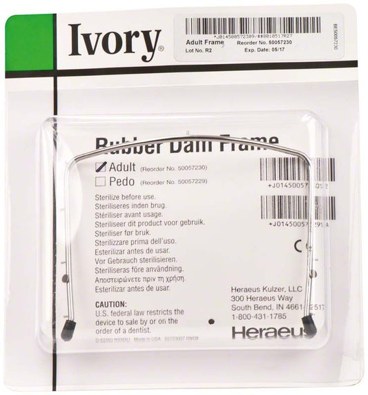 Ivory® Kofferdam Bügel für Erwachsene in Verpackung mit Produktinformationen.