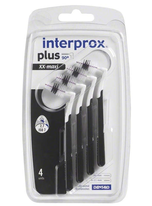 Interdentalbürsten interprox® plus XX-maxi in Blisterverpackung, schwarz-weiß.