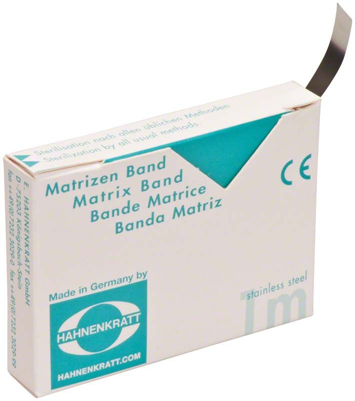 Matrizenband aus rostfreiem Edelstahl in weißer Verpackung.