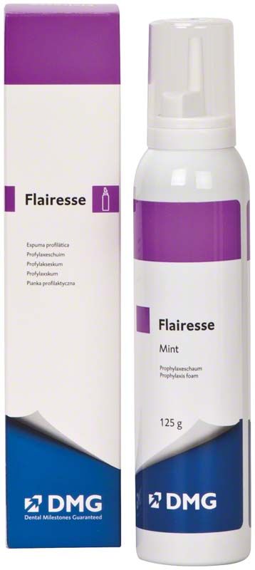 Flairesse Prophylaxeschaum Minze in weißer Flasche mit lila Etikett.