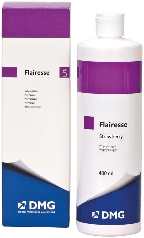 Flairesse Prophylaxegel Erdbeere in weißer Flasche mit lila Etikett.