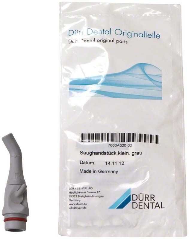 Saughandstück mit Drehriegel und Verpackung von Dürr Dental.