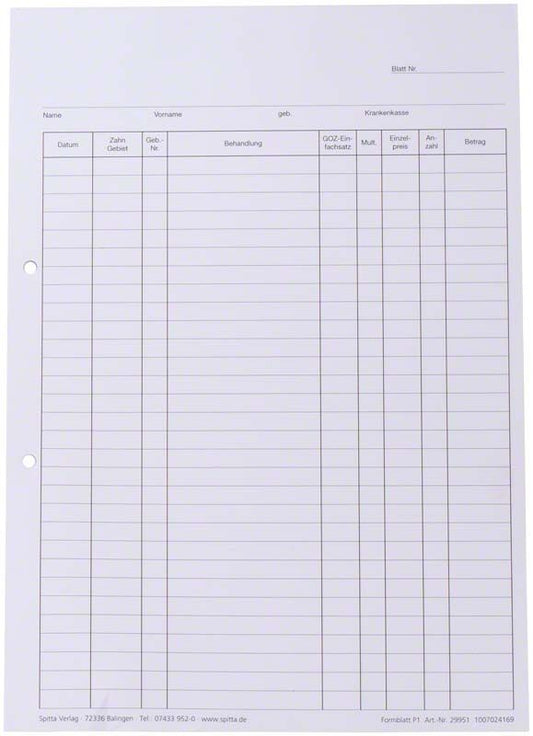 Krankenblatt P1 DIN A5 mit vorgedruckten Tabellen für Patientendaten.