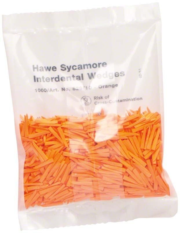 Tüte mit orangen Ahorn-Interdentalkeilen von Kerr, 1000 Stück.