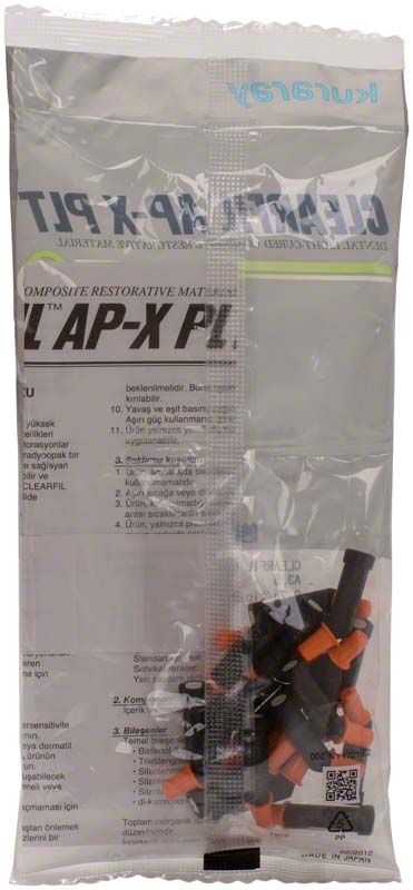Kunststoffverpackung mit Clearfil AP-X Tips A3,5, gefüllt mit schwarzen und orangenen Spitzen.