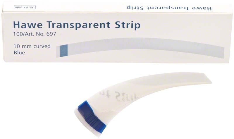 Hawe Transparent Strips, 10mm breit, 7,3cm lang, blau, in Verpackung.