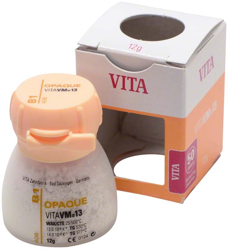 OPAQUE VM13 B1 Zahnpulver neben Verpackung mit 12g Aufschrift.
